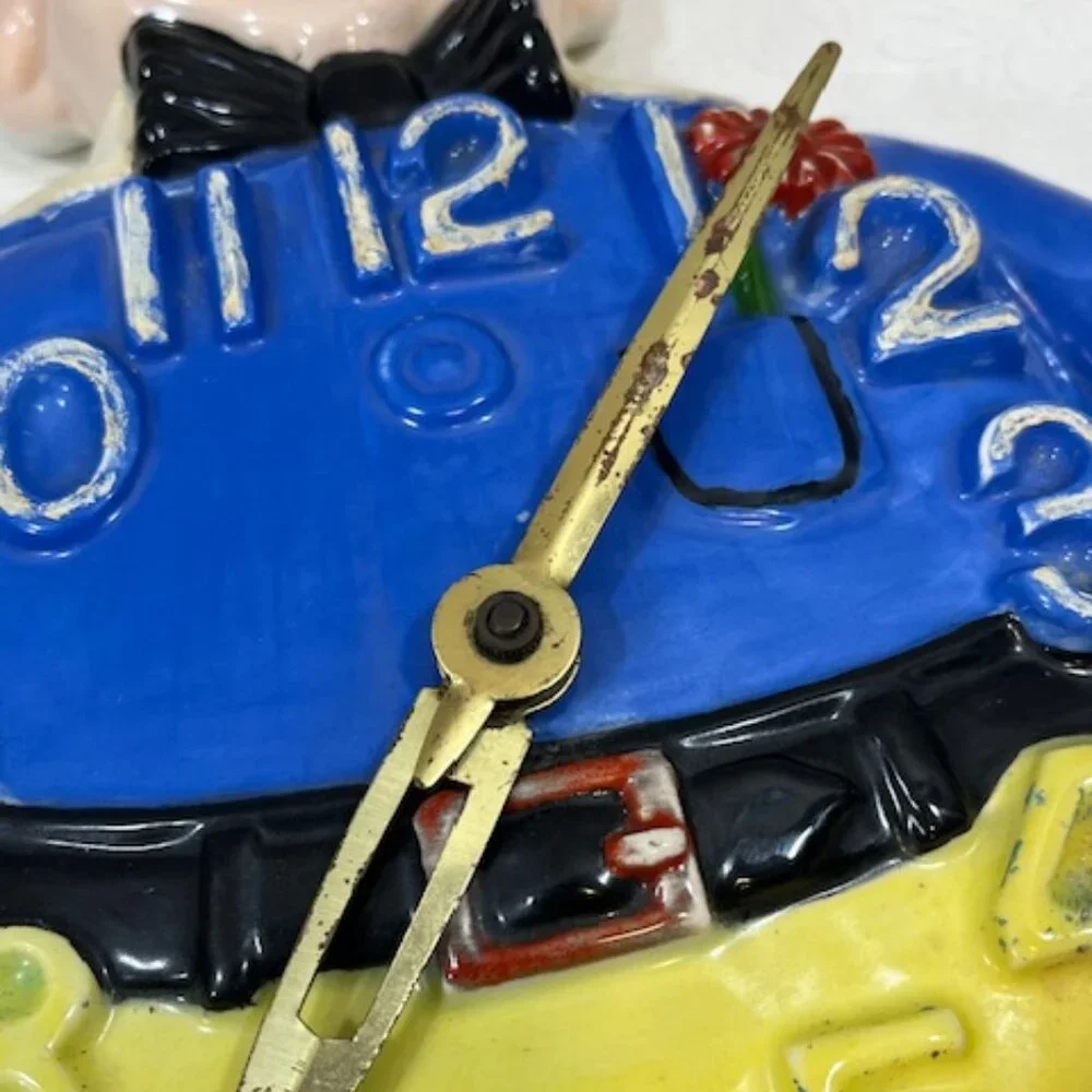 VTG Hand Painted Ceramic Wall Clown Working Clock Decor 13